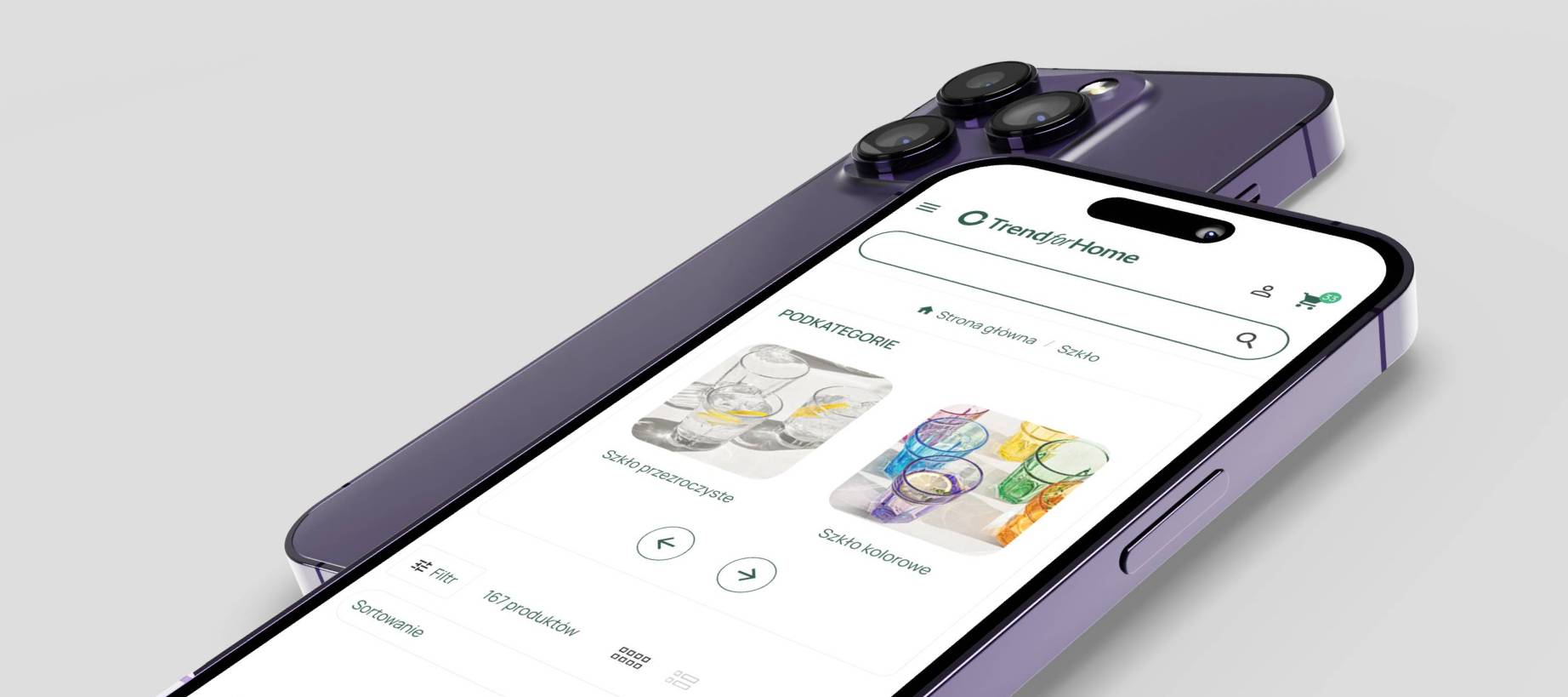 Mobilny widok sklepu Trend for Home z kategoriami szkła